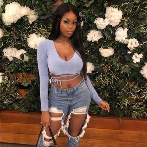 Blue Long sleeve tie waist crop top